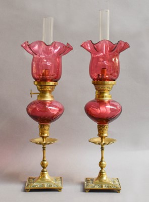 Lot 167 - A Pair of Victorian Cranberry Glass and Brass...