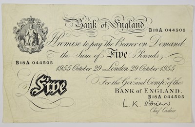 Lot 466 - Bank of England, White Five Pounds 1955,...