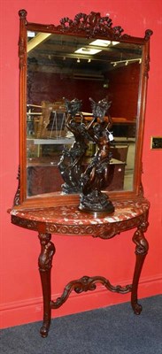 Lot 1312 - An Italian Style Walnut Console Table and Mirror, the rectangular plate above a rouge royale marble