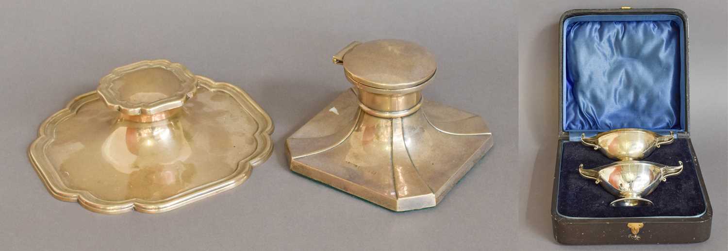 Lot 25 - Two Silver Inkwells and a Cased Pair of Silver...