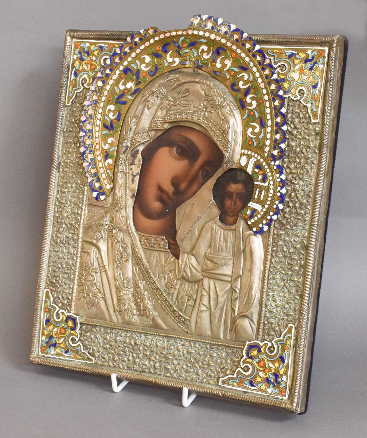Lot 12 - A Silver and Enamel Mounted Icon, Bearing...