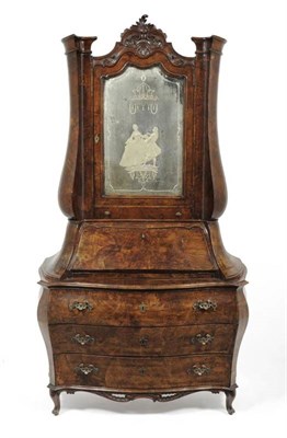 Lot 1316 - A Venetian Bombe Walnut Bureau Bookcase, the upper section with decorative mirror plate enclosing a