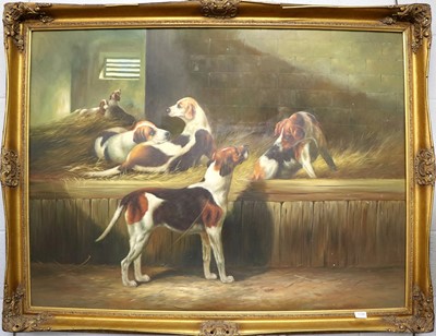 Lot 1109 - Manner of John Emms Hounds playing in a stable...