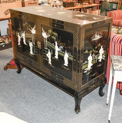 Lot 1194 - A Chinese Black Lacquer Hardstone Set Cabinet,...