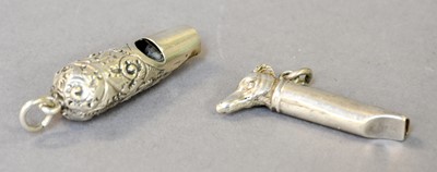 Lot 136 - Two Victorian Silver Whistles, one unmarked,...
