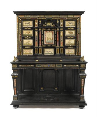 Lot 1320 - An Italian Ebony Veneered, Ormolu Mounted, Hardstone Applied and Pietra Dura Cabinet on Stand,...