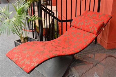 Lot 1013A - A Paso Doble Chaise, designed by Sergio Fahrer, eucalyptus frame with red fabric upholstery,...