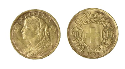 Lot 405 - Switzerland, Gold 20 Francs 1935L-B (.900 gold,...