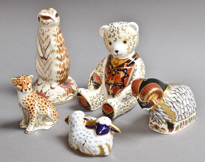 Lot 350 - Five Royal Crown Derby Paperweights: 'Meerkat',...