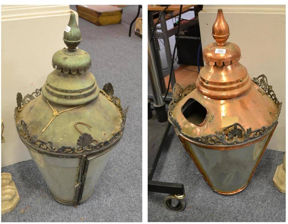 Lot 920 - A pair of copper lanterns for gas lamp posts (one a.f.)