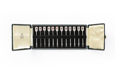 Lot 2048 - A Cased Set of Twelve Elizabeth II Silver and Enamel Cocktail-Sticks