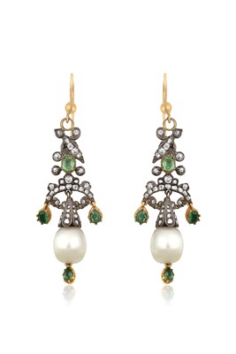 Lot 2374 - A Pair of Emerald, Pearl and Diamond Drop...