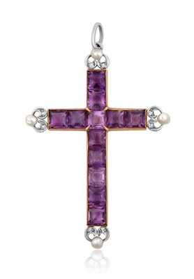 Lot 2434 - An Amethyst, Diamond and Pearl Cross Pendant...