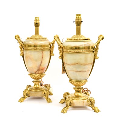 Lot 391 - A Pair of Gilt Metal Mounted Onyx Lamp Bases,...