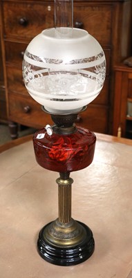 Lot 410 - A Victorian Oil Lamp, with a ruby glass...