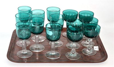 Lot 6 - Set of eight green wine glasses and a set of six others