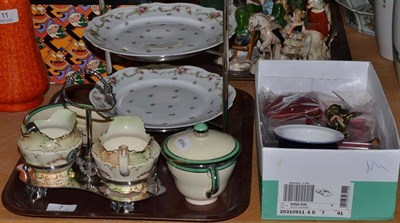 Lot 7 - An Austrian porcelain and silver plated cake stand, a Crown Devon pottery sugar and cream with...