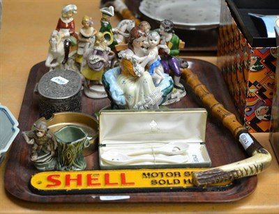 Lot 8 - Assorted china, brass ashtray, riding crop, cast iron 'Shell' sign etc