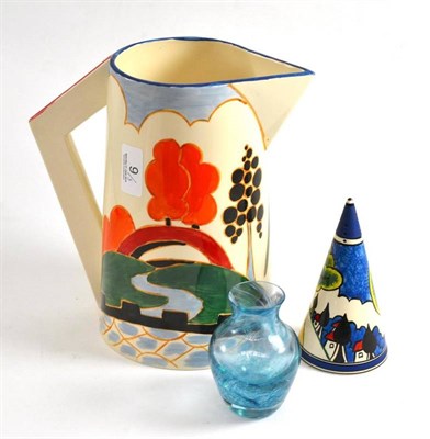 Lot 9 - Wedgwood Bizarre pattern jug and conical sugar; and a Caithness vase