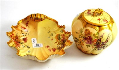 Lot 16 - Two items of Royal Worcester Blush Ivory comprising a shell dish and a lobed jar and cover (2)