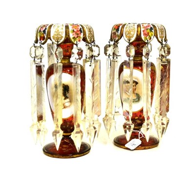 Lot 3 - A Pair of Bohemian White and Ruby Glass Overlay Vase Table Lustres, circa 1875, the everted tabular