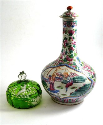 Lot 37 - A 19th century Cantonese bottle vase and a Mary Gregory style green glass powder bowl