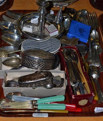 Lot 53 - A silver topped glass pin box, thimbles, a plated chamberstick, plated flatware etc