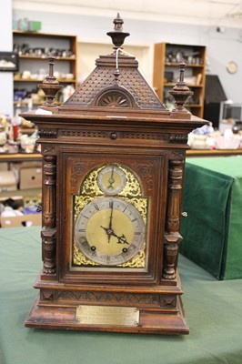 Lot 1414 - A German Oak Quarter Striking Table Clock,...