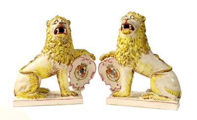 Lot 183 - A Pair of French Faience Heraldic Lions,...