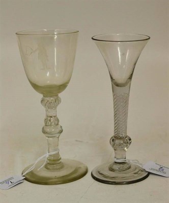 Lot 7 - A Composite Stem Wine Glass, circa 1750, the rounded funnel bowl engraved with a figure holding...