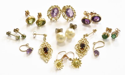 Lot 175 - Six Pairs of 9 Carat Gold Gem-Set Earrings,...