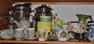 Lot 87 - A quantity of silver plate, collectables, mahogany tea caddy and tea sets (one shelf and one box)