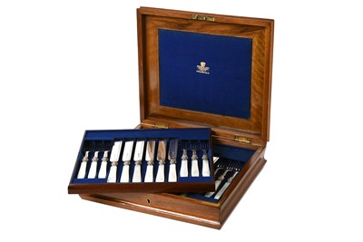 Lot 2055 - A Cased Set of Eighteen Pairs of Victorian Silver and Mother-of-Pearl Fruit-Eaters