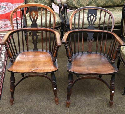 Lot 1372 - A Near Pair of Ash and Elm Windsor Armchairs,...