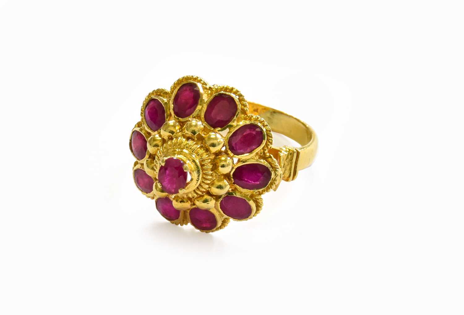 Lot 184 - A Synthetic Ruby Cluster Ring, unmarked,...