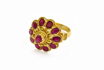 Lot 184 - A Synthetic Ruby Cluster Ring, unmarked,...
