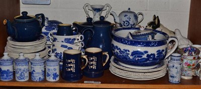 Lot 98 - Two shelves of Copeland Spode Tower pattern dinnerware, Denby jugs, pottery figures etc