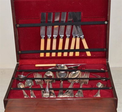 Lot 104 - Six Victorian silver coffee spoons; part suite of plated table cutlery; and a mahogany cased set of