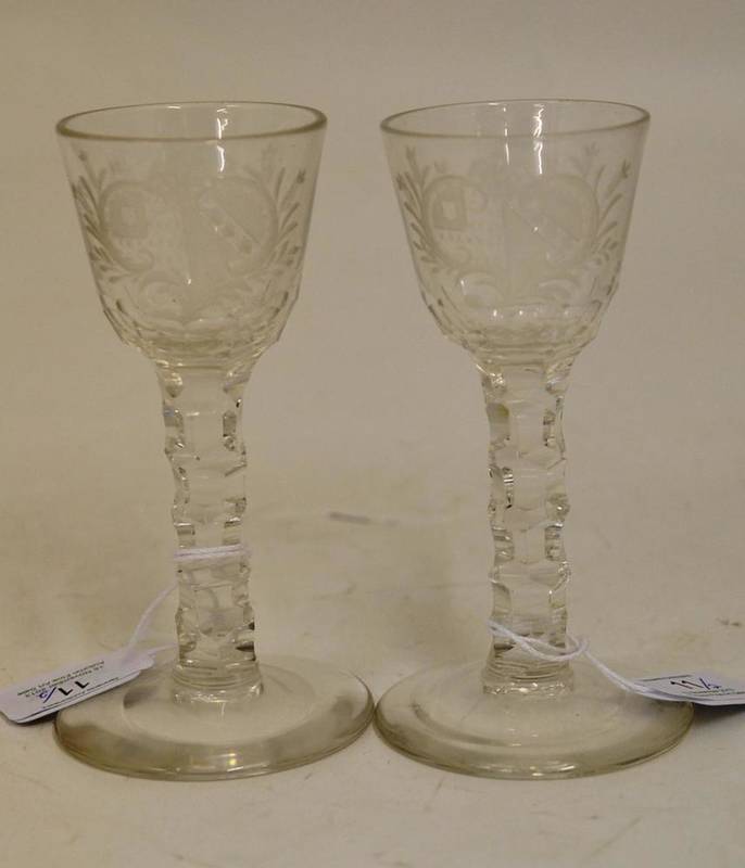 Lot 11 - Two Armorial Wine Glasses, circa 1790, the rounded bowls engraved with arms of Surtees and...
