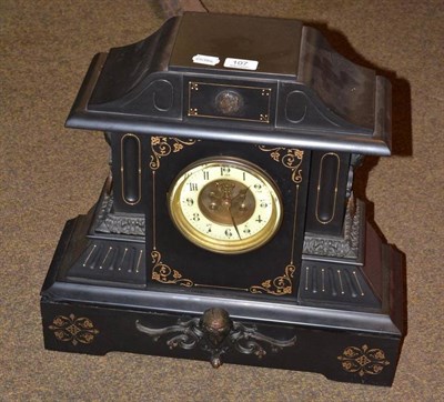 Lot 107 - A large Victorian black slate mantel clock and key