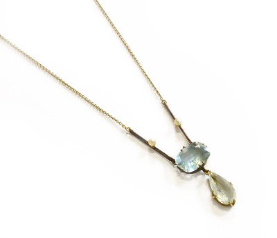 Lot 196 - An Aquamarine and Seed Pearl Necklace, drop...