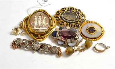 Lot 113 - Four assorted brooches, a paste bracelet, a locket, drop earrings etc