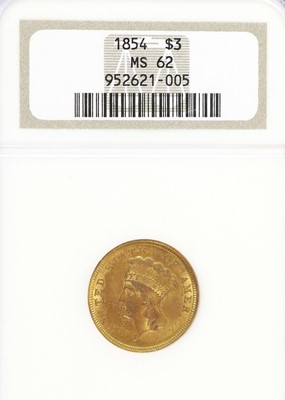 Lot 416 - USA, Gold 3 Dollars 1854 MS-62 NGC,...