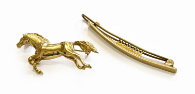 Lot 186 - A 9 Carat Gold Horse Brooch, length 4.1cm; and...