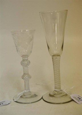 Lot 14 - An Engraved Wine Glass, circa 1760, the rounded funnel bowl engraved with fruiting vine on a double