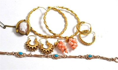 Lot 137 - A gold and turquoise set bracelet, other un-hallmarked gold earrings, cameo etc