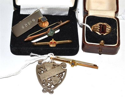 Lot 141 - Stone set ring, two bar brooches stamped '9CT', silver fob and a silver clip