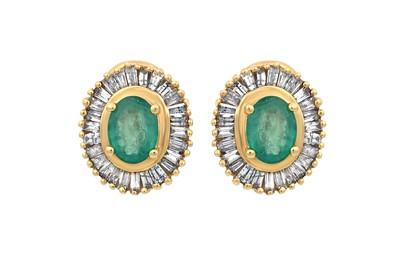 Lot 2105 - A Pair of Emerald and Diamond Cluster Earrings...