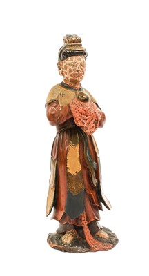 Lot 251 - A Chinese Painted and Lacquered Carved Wood...