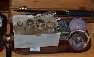 Lot 166 - Six various silver mounted toilet bottles and jars; two glass paperweights; a boxed set of...